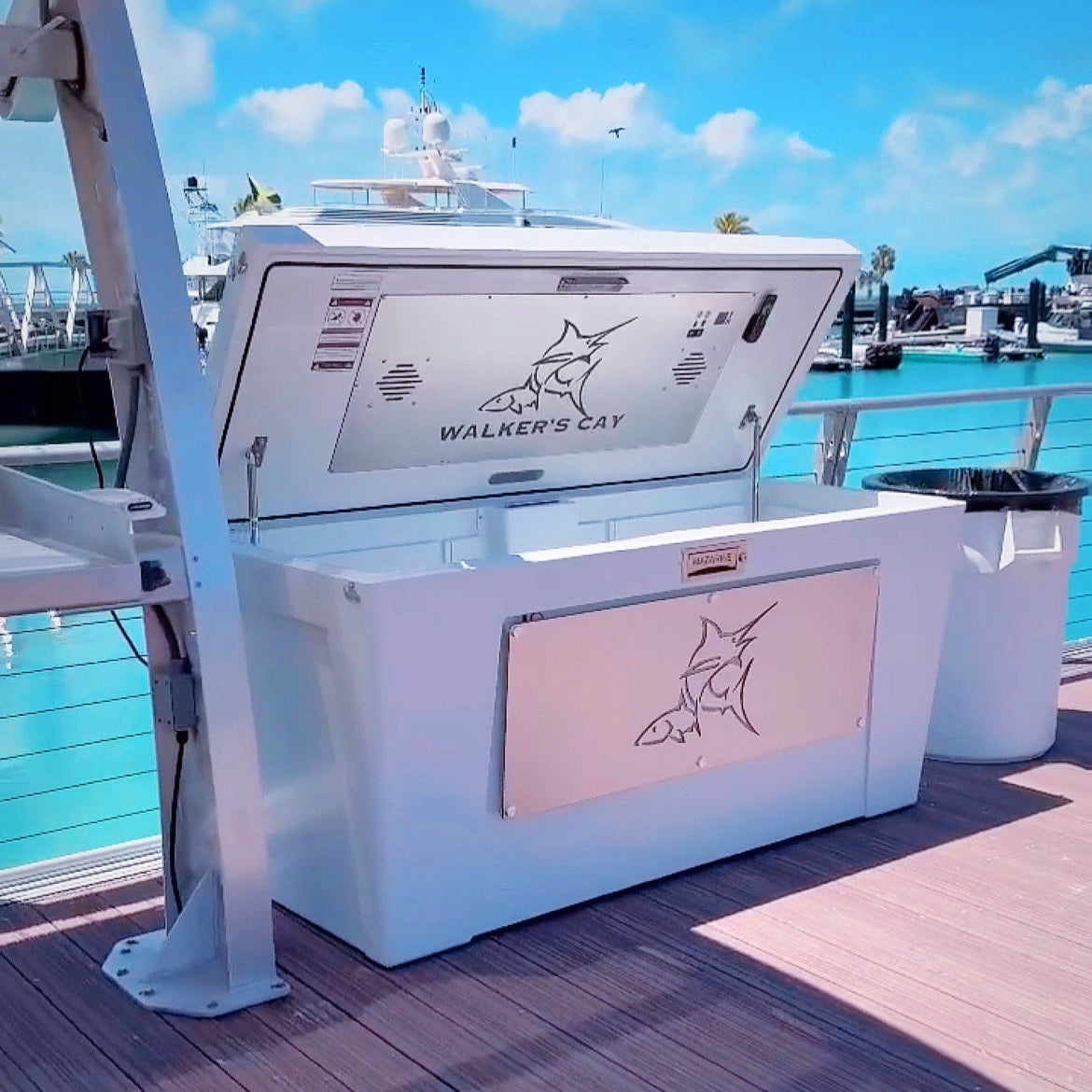 Custom MAZARINE dock box with personalized boat artwork